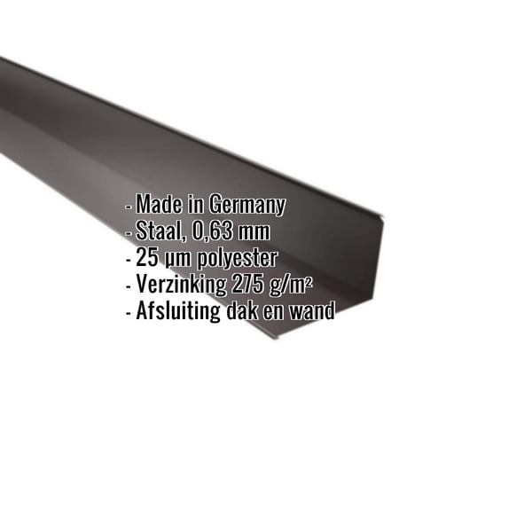 Wandafwerking staal 0,63 mm Chocoladebruin RAL 8017 met 25 µm polyestercoating, specificaties getoond