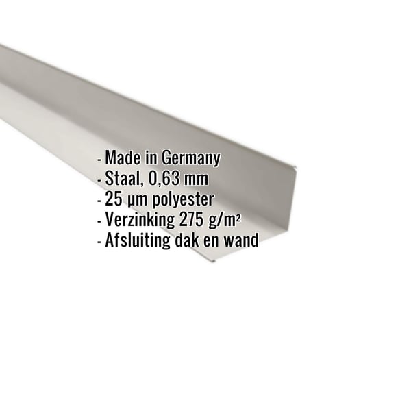 Wandafsluiting Grijswit (RAL 9002) van staal, 0,63 mm, met 25 µm polyestercoating en ingebedde specificaties