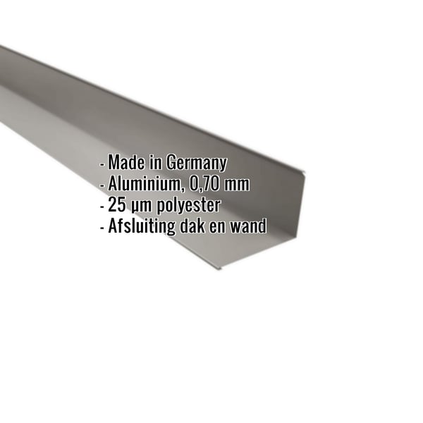 Wandafwerking aluminium 0,70 mm RAL9007, schuin van boven met gegevens als infografiek