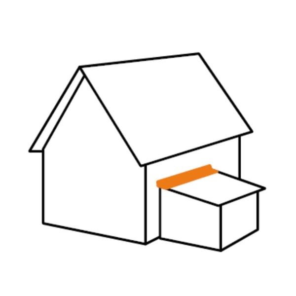 Schema van de plaatsing van een muurafdekker op een aanbouw, oranje gemarkeerd