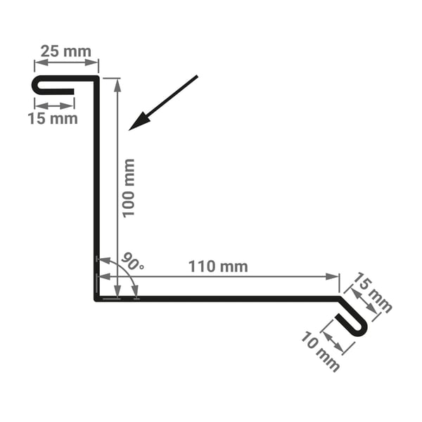 Technische tekening muurafdekker type 1 met afmetingen 100 mm x 110 mm en 90° hoek