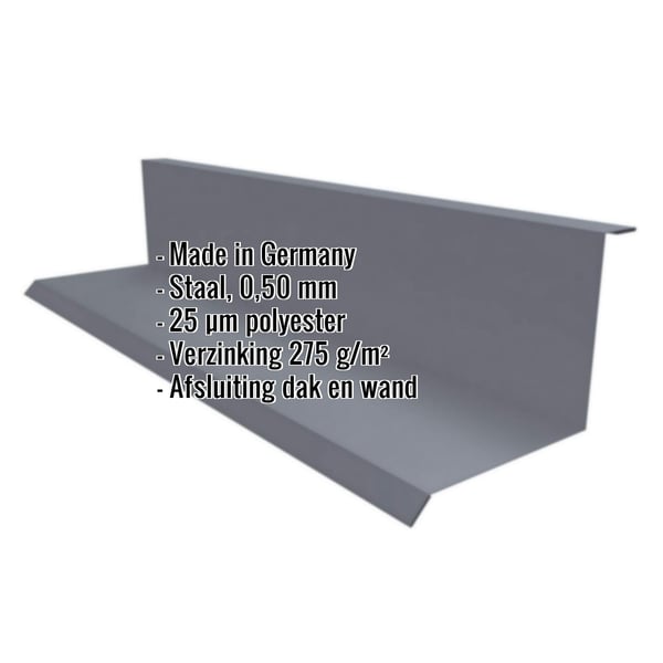 Wandafwerking Type 1, grafietgrijs, met ingebedde productgegevens zoals materiaal en dikte