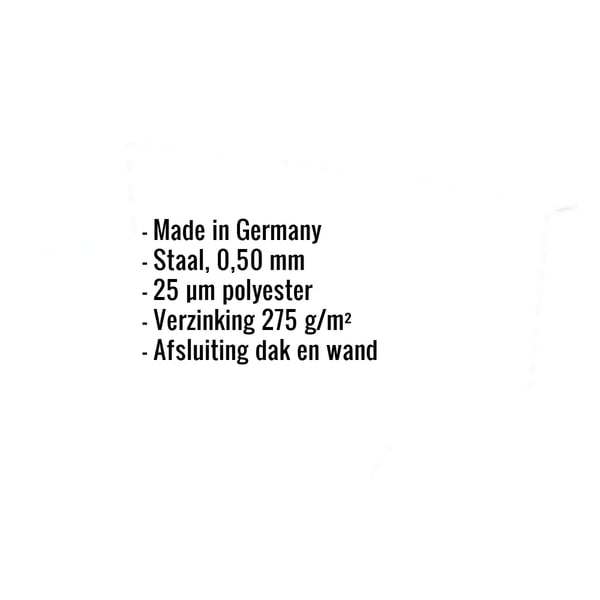 Infographic met specificaties: Made in Germany, staal 0,50 mm, 25 µm polyester, verzinking 275 g/m², afsluiting dak en wand
