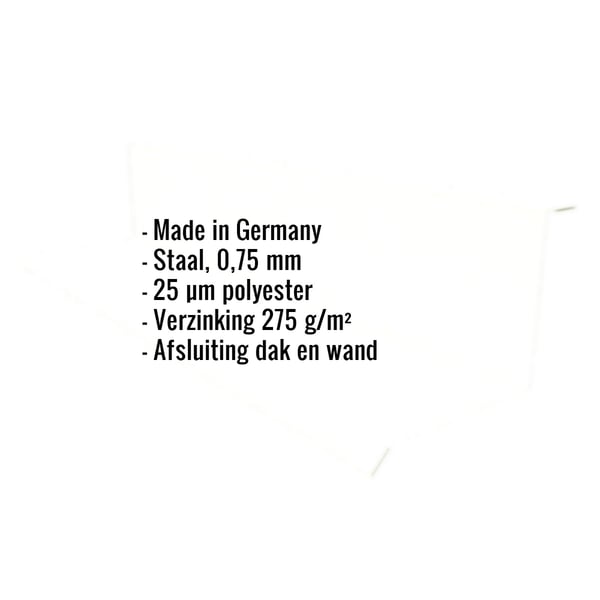 Infographic met specificaties: Made in Germany, staal 0,75 mm, 25 µm polyester, verzinking 275 g/m², afsluiting dak en wand