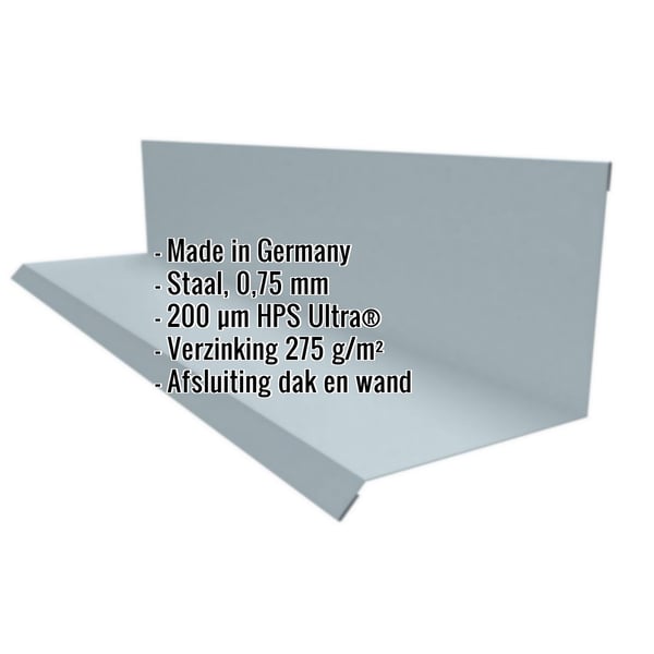 Muurafdekker type 2, venstergrijs RAL 7040, met ingebouwde productgegevens zoals materiaal en coating
