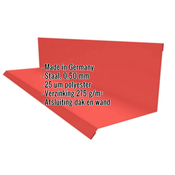 Wandaansluiting type 2 Koraalrood RAL 3016 met ingebedde productgegevens over materiaal, dikte en coating