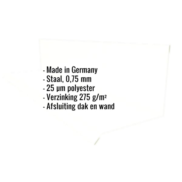 Infographic met specificaties: Made in Germany, staal 0,75 mm, 25 µm polyester, verzinking 275 g/m², afsluiting dak en wand