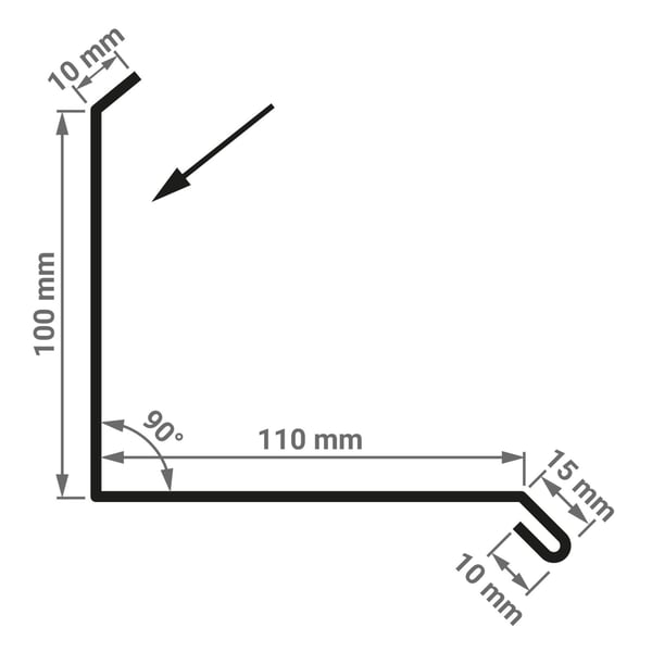 Technische tekening van het muurprofiel Type 3 met afmetingen 100 mm, 110 mm en 90° hoek