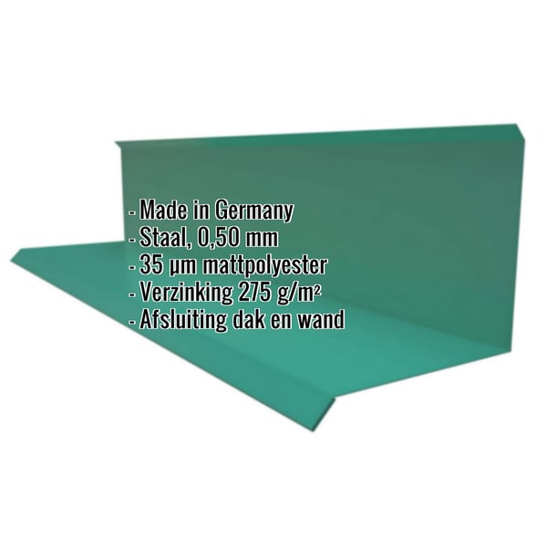 Wandaansluiting type 3 van mosgroen staal, 0,50 mm, met matpolyester coating, belangrijke gegevens weergegeven