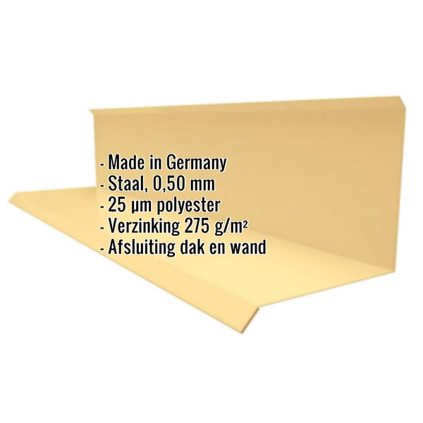 Wandaansluiting type 3 Zandgeel (RAL 1002) met ingebedde productdetails zoals materiaal, dikte en coating