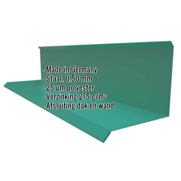 Wandaansluiting type 3 van mosgroen staal, 0,50 mm dik, met ingebedde productgegevens