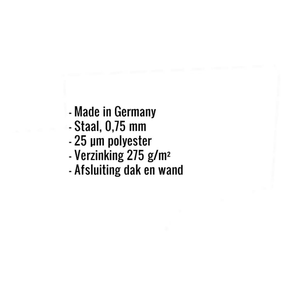 Infographic met specificaties: Made in Germany, staal 0,75 mm, 25 µm polyester, verzinking 275 g/m², afsluiting dak en wand