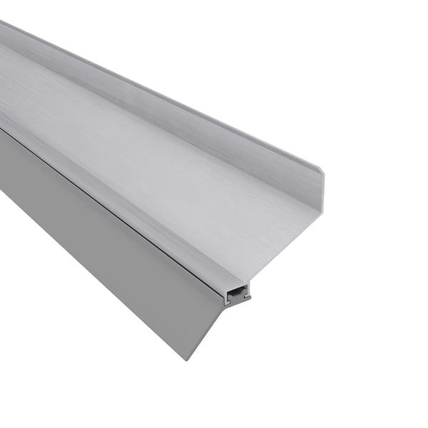 Wandaansluitprofiel van blank aluminium, schuin van boven met smalle afdichtingslip
