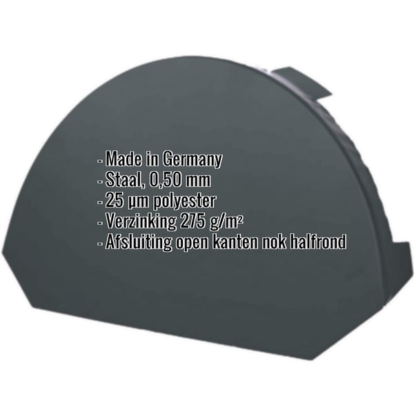 Nokvorst eindstuk groot, antracietgrijs RAL 7016, 0,50 mm staal, met ingebedde specificaties