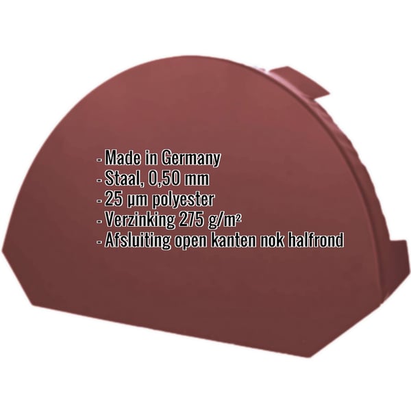 Nokvorst eindstuk groot, RAL 8012 roodbruin, staal 0,50 mm, met ingebedde productgegevens