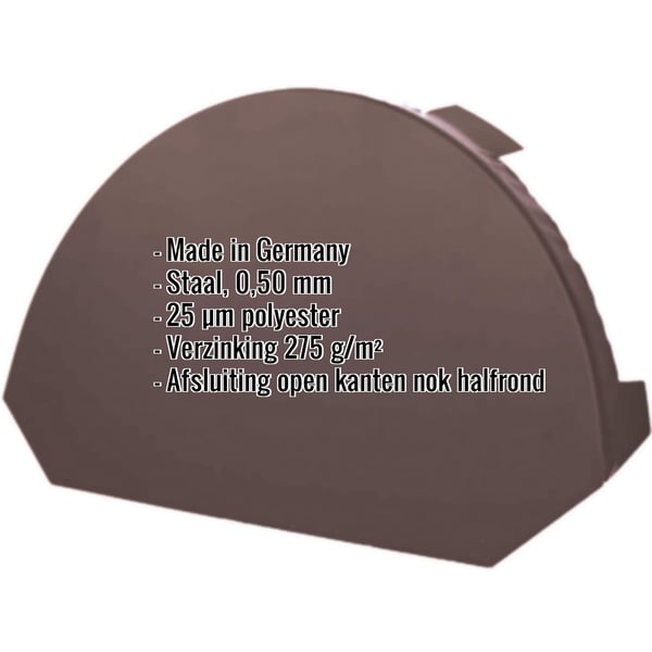 Nokvorsteindstuk groot, staal 0,50 mm, RAL 8017 Chocoladebruin, met ingebedde productgegevens