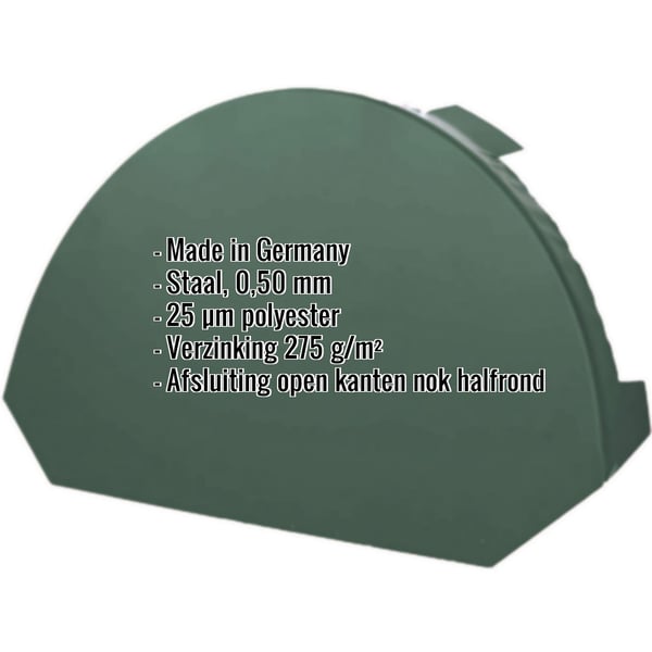 Nokvorst eindstuk klein, mosgroen RAL 6005, staal 0,50 mm, met ingebedde specificaties