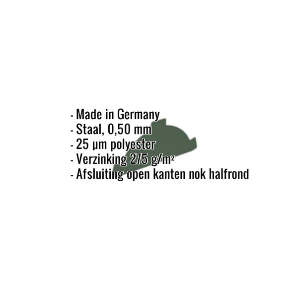 Nokvorsteindstuk Chroomoxydegroen, staal 0,50 mm, 25 µm polyester, verzinking 275 g/m², Made in Germany