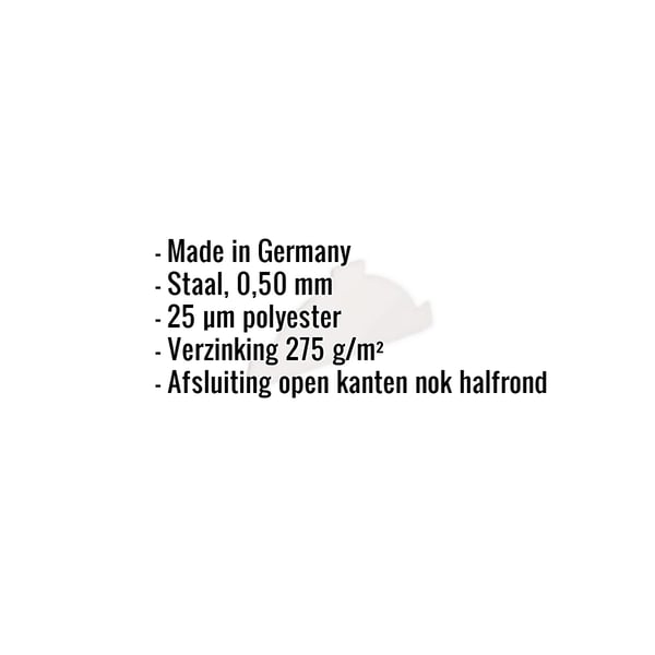 Infographic: Nokstuk eindkap van staal 0,50 mm, 25 µm polyestercoating, Made in Germany, met specificaties