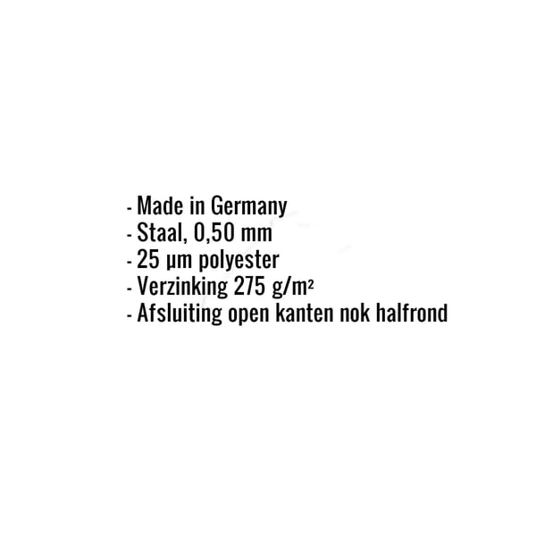 Lijst met productdetails zoals materiaal staal 0,50 mm, 25 µm polyestercoating en verzinking 275 g/m²