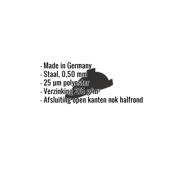 Nokvorsteindstuk van staal, Gitzwart RAL 9005, met ingebedde specificaties