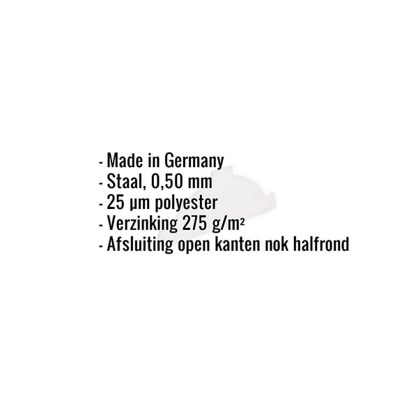 Infographic: Nokstuk eindkap van staal, 0,50 mm, 25 µm polyestercoating, met specificaties