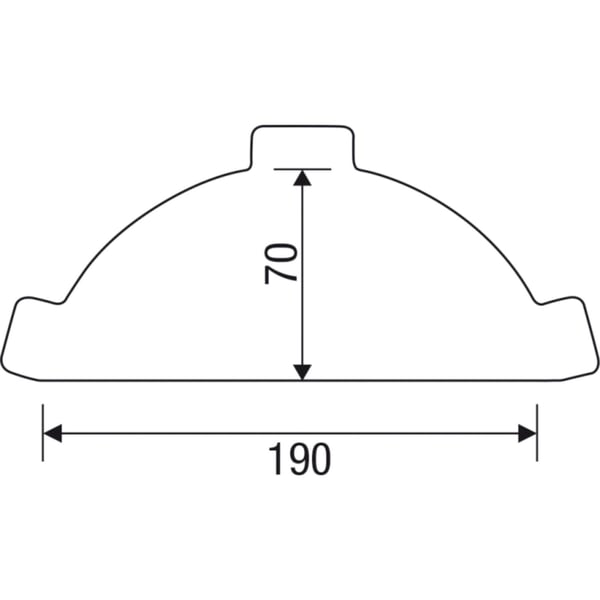 Technische tekening nokstuk eindkap, halfrond, met afmetingen 190 mm breedte en 70 mm hoogte