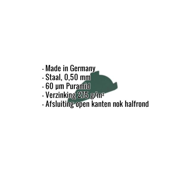 Nokvorst eindstuk mosgroen RAL 6005 met ingebedde productinformatie over materiaal, dikte en coating