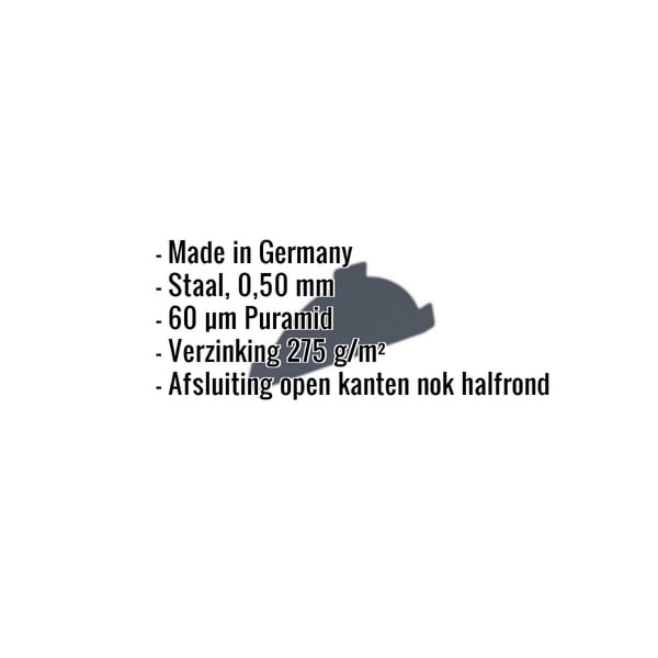 Nokvorsteindstuk antracietgrijs RAL 7016 met 60 µm Puramid coating, belangrijke gegevens weergegeven