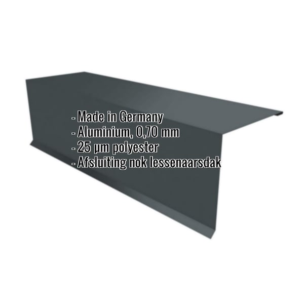Lessenaarsdakafsluiting aluminium antracietgrijs met ingebedde specificaties voor materiaal, dikte en coating