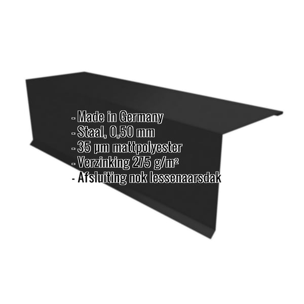 Lessenaarsdak nokafsluiting van zwart staal, 0,50 mm, matpolyester gecoat, met ingebedde gegevens