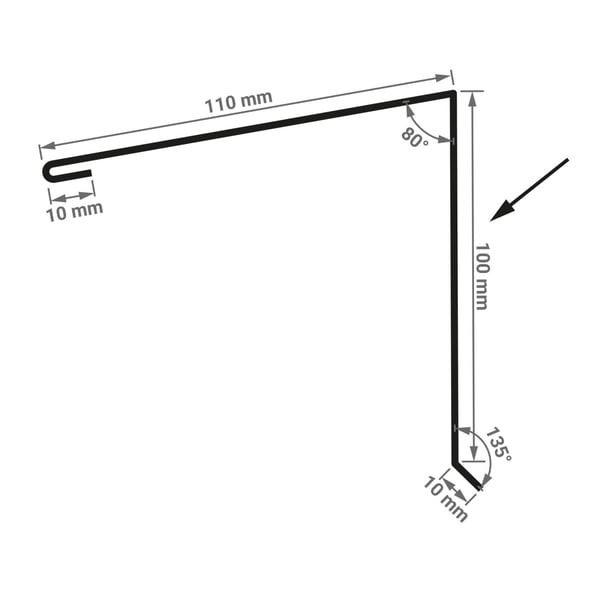 Technische tekening lessenaarsdak nokafsluiting met afmetingen 110 mm, 100 mm, 10 mm en hoeken 80°, 135°