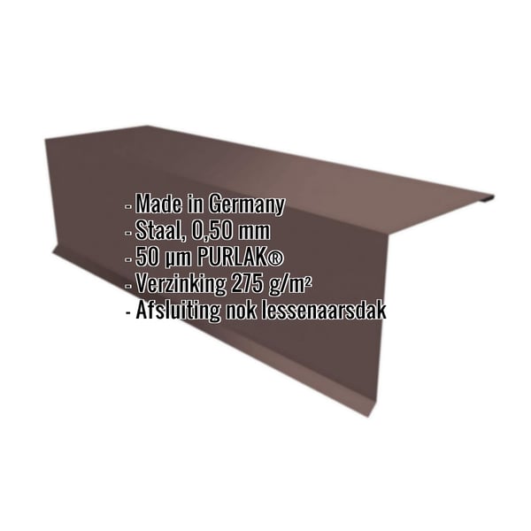 Lessenaarsdakafsluiting Chocoladebruin RAL 8017 met 50 µm PURLAK coating, technische gegevens weergegeven