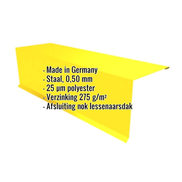 Lessenaarsdak nokafsluiting Koolzaadgeel met ingebedde gegevens: staal 0,50 mm, 25 µm polyestercoating