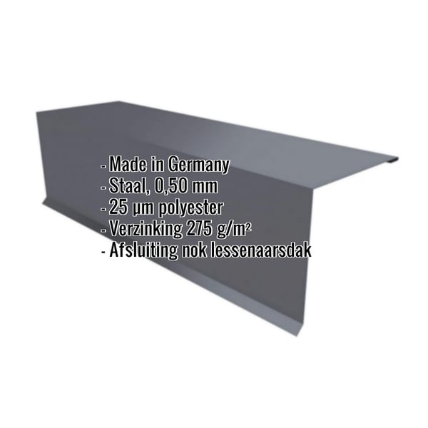 Lessenaarsdakafsluiting staal, grafietgrijs RAL 7024, 0,50 mm, met ingebedde productinformatie