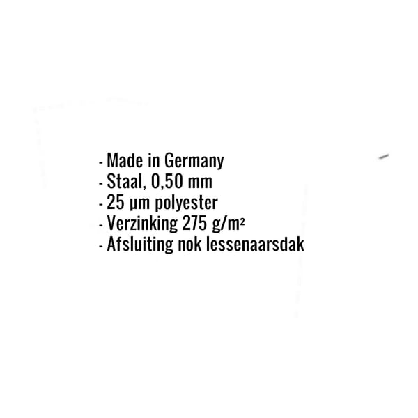 Lessenaarsdak nokafsluiting staal, 0,50 mm, zuiverwit RAL 9010, met ingebedde specificaties
