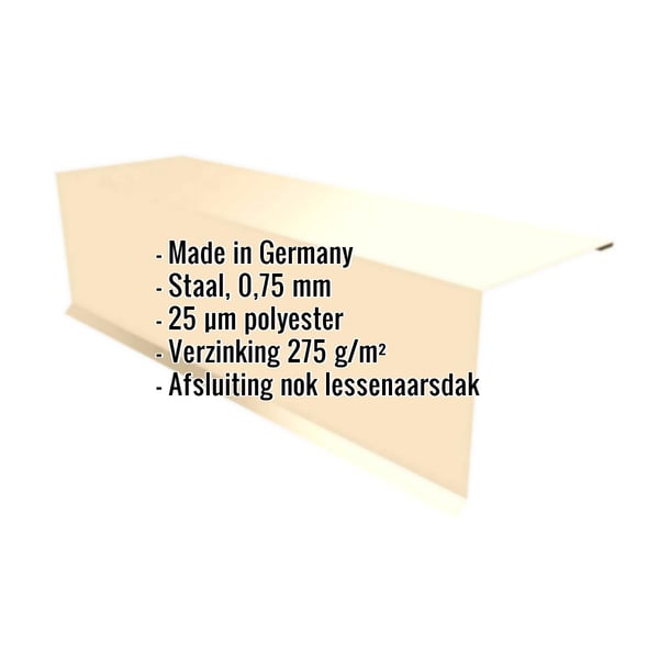 Lessenaarsdak nokafsluiting licht ivoorkleurig (RAL 1015) met ingebedde specificaties voor materiaal, dikte en coating