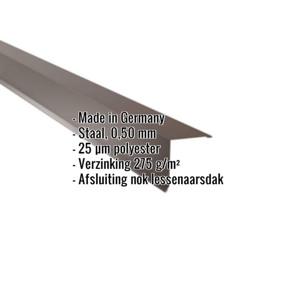 Lessenaarsdak nokafsluiting Sepiabruin RAL 8014, staal 0,50 mm, met ingebedde specificaties
