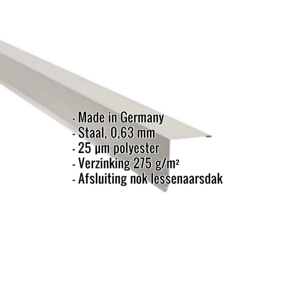 Lessenaarsdak nokafsluiting Grijswit (RAL 9002) staal, 0,63 mm, 25 µm polyester coating, gegevens getoond