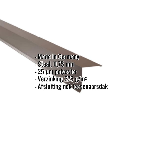 Lessenaarsdak nokafsluiting Notenbruin (RAL 8011) staal, 0,75 mm, polyester coating, specificaties getoond