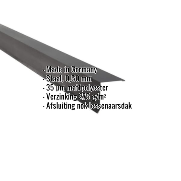 Lessenaarsdak nokafsluiting van staal, donkergrijs (RAL 7024), 0,50 mm, met 35 µm matpolyester coating, gegevens getoond