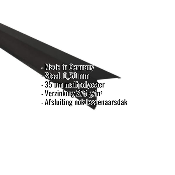 Lessenaarsdak nokafsluiting van zwart staal, 0,50 mm, met 35 µm matpolyester coating en ingebedde gegevens