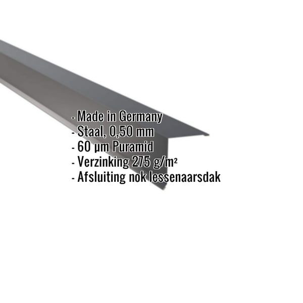 Nok lessenaarsdak | 11,5 x 11,5 cm | 80° | Staal 0,50 mm | 60 µm Puramid | 7016 - Antracietgrijs
