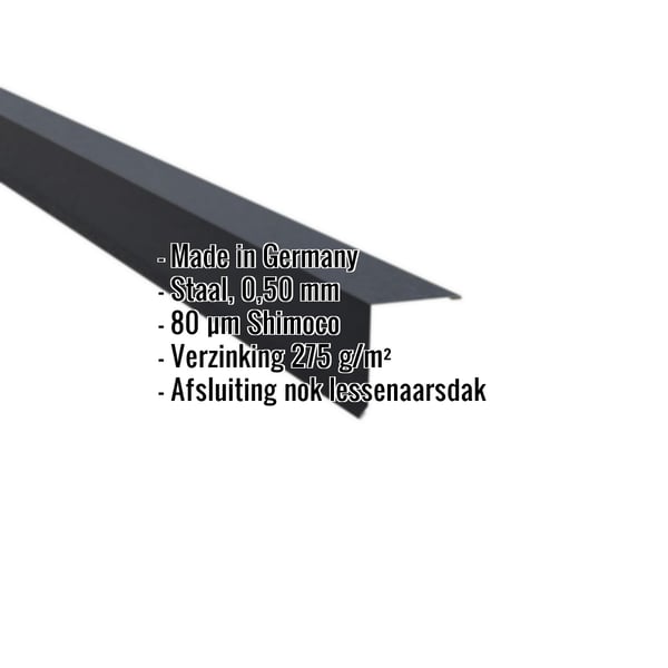 Lessenaarsdak nokafsluiting staal 0,50 mm antracietgrijs met Shimoco coating en productgegevens