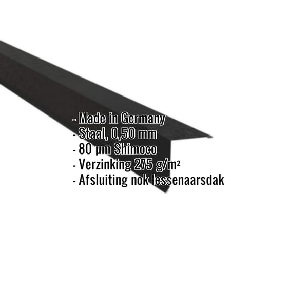 Lessenaarsdak nokafsluiting Gitzwart RAL 9005 staal 0,50 mm, 80 µm Shimoco, met ingebouwde gegevens