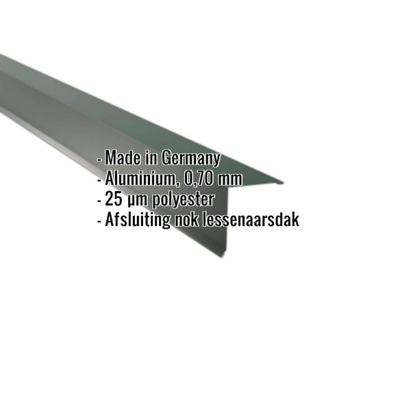 Lessenaarsdakafsluiting aluminium mosgroen RAL 6005 met ingebedde gegevens over materiaal en coating