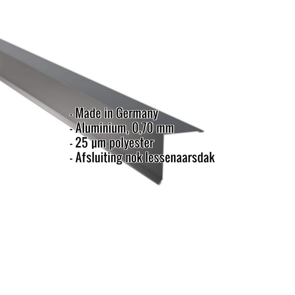 Lessenaarsdak nokafsluiting aluminium 0,70 mm Antracietgrijs met productgegevens en herkomst Made in Germany
