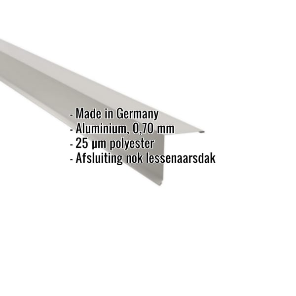 Lessenaarsdakafsluiting aluminium Zilver-Metallic met ingebedde productgegevens zoals materiaal, dikte en coating