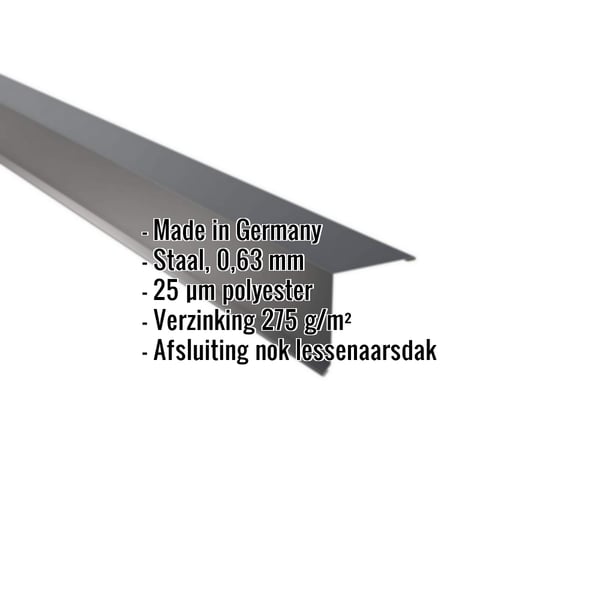 Lessenaarsdak nokafsluiting staal, Antracietgrijs RAL 7016, 0,63 mm, met ingebedde gegevens