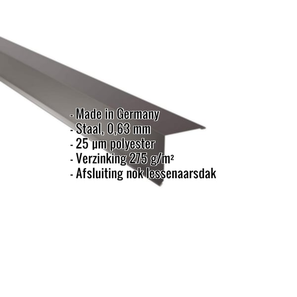 Lessenaarsdak nokafsluiting Chocoladebruin RAL 8017, 0,63 mm staal, met ingebouwde gegevens